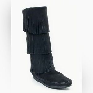 Minnetonka Black Suede Fringed Moccasin Boots